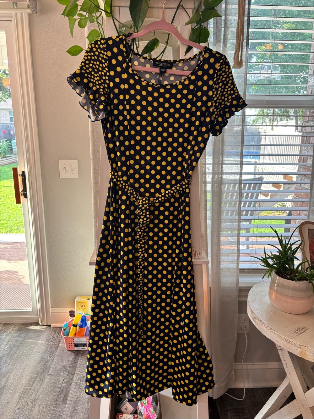 Perceptions Black Dress with Yellow Polka Dots and Tie Waist